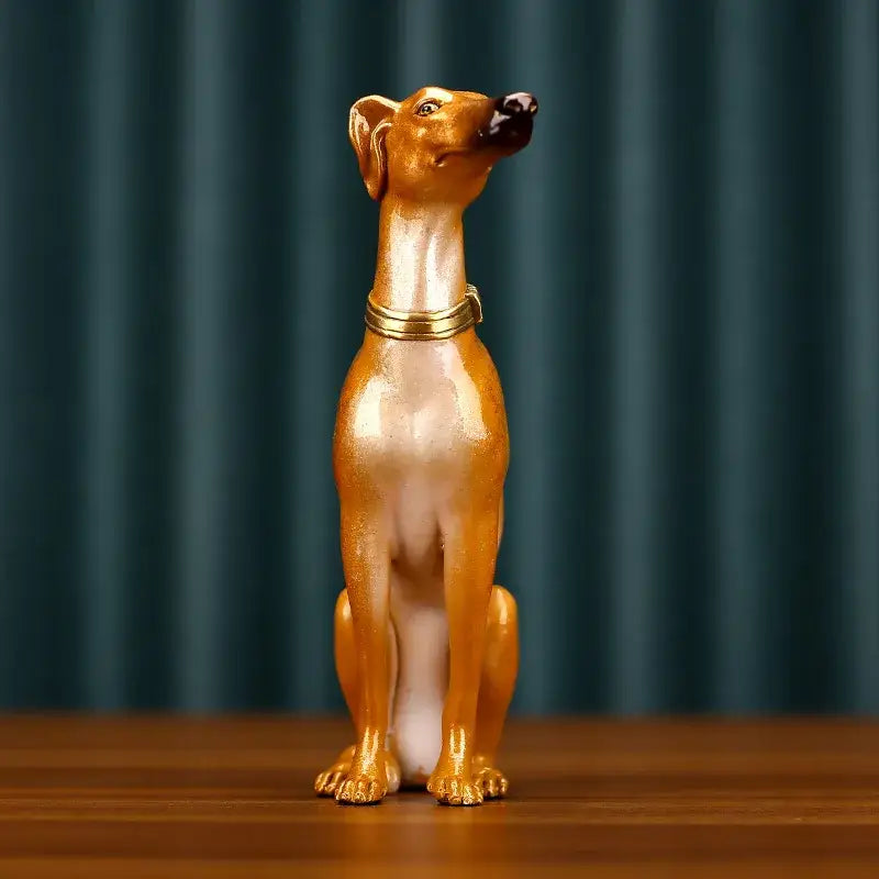 Golden greyhound metal sculpture with polished brass collar handcrafted figurine for living room decor