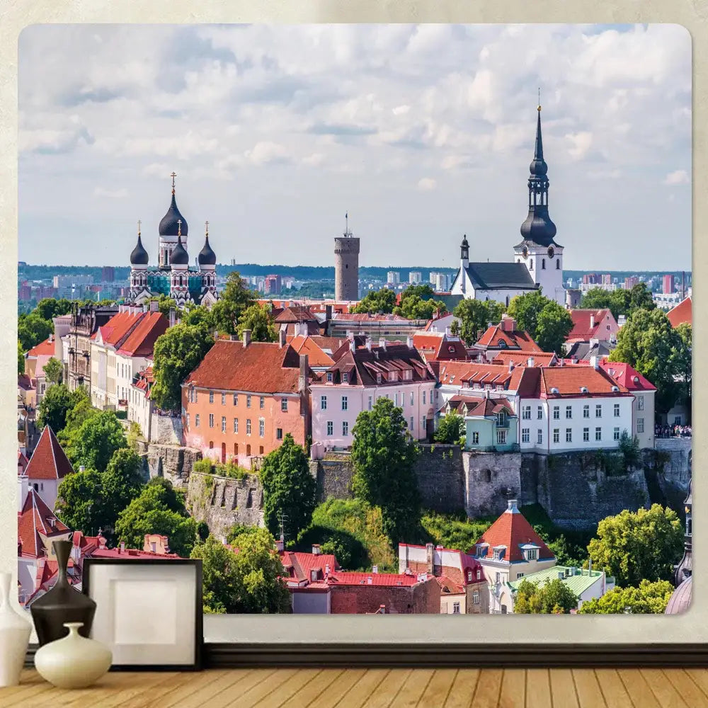 A rectangular wall mural from decorbites golden hall psychedelic tapestry features a yellow and red european cityscape