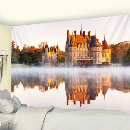 Beige castle tapestry featuring a multi-turreted chateau with red roofs and golden light for decorbites golden hall psychedelic wall art