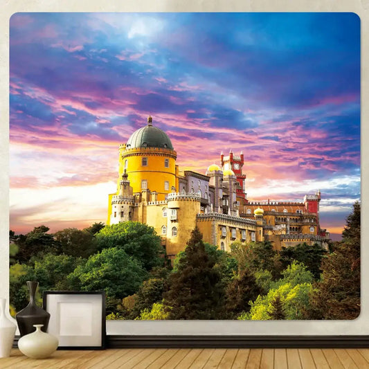 Vibrant yellow and red golden hall psychedelic tapestry wall art featuring a castle mural with a green dome for decorbites golden hall