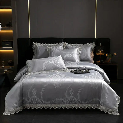 Silver satin bedding set with intricate white lace trim and ornate embroidery in decorbites golden jacquard cotton design