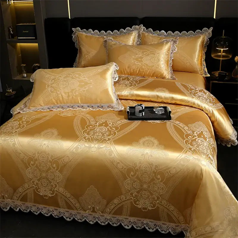 Golden jacquard cotton bedding set featuring satin texture with intricate white lace trim and ornate damask patterns