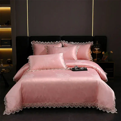 Pink satin bedding set with delicate white lace trim featured in decorbites golden jacquard cotton duvet cover