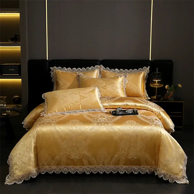 Golden jacquard cotton bedding set featuring satin finish with intricate lace trim and embroidered floral decorbites golden jacquard