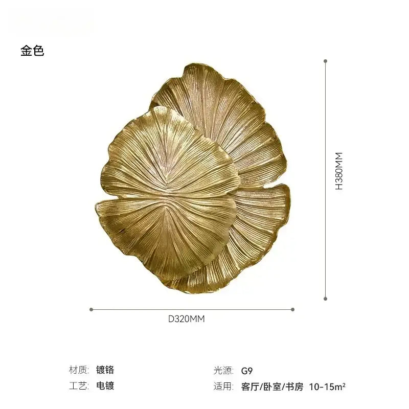 Golden three-layered ginkgo leaf designer copper wall lamp with polished electroplated finish for elegant decorbites decor