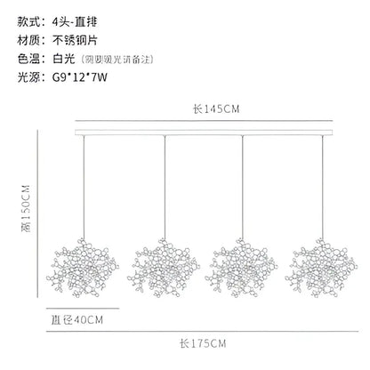Four-head stainless steel pendant light with white-glow led bulbs in sleek modern decorbites g9 leaf pendant light design