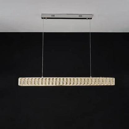 Golden led modern rectangular pendant light with sleek chrome finish and embedded crystal elements for elegant dining decorbites golden led