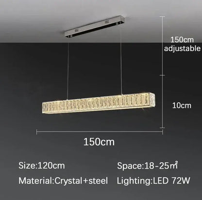 A golden led modern rectangular crystal chandelier with steel design and adjustable 150cm length for dining room lighting