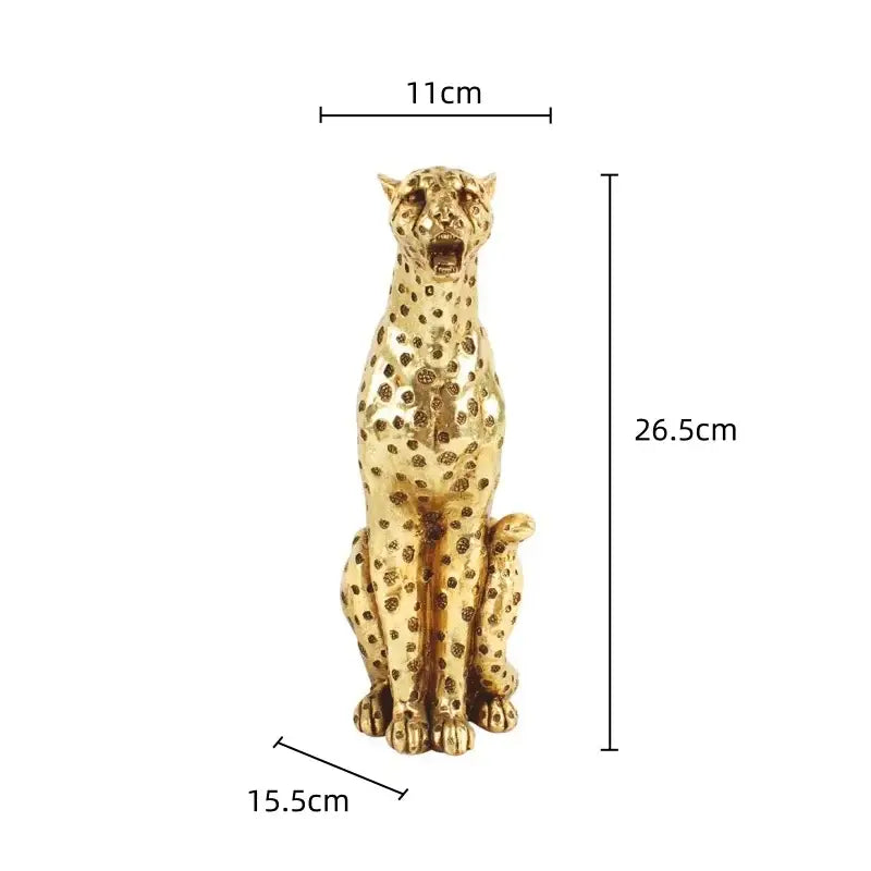 Golden leopard cheetah animal sculpture with detailed spotted pattern sitting upright for living room decor