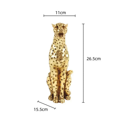 Golden leopard cheetah animal sculpture with detailed spotted pattern sitting upright for living room decor