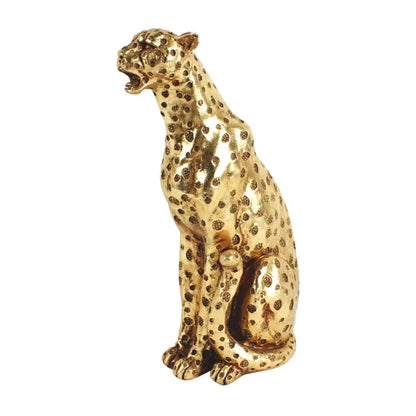 Golden leopard cheetah figurine with detailed spotted pattern and polished metallic finish for living room decor