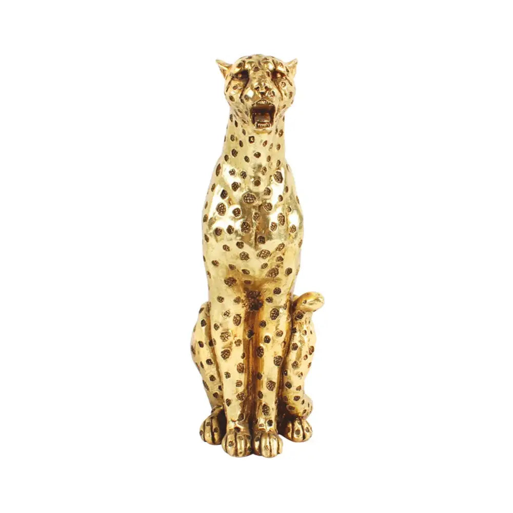 Golden leopard cheetah animal sculpture with detailed spotted pattern and open-mouthed expression for living room decor