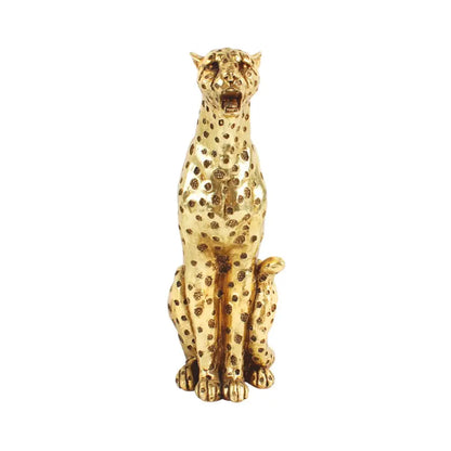 Golden leopard cheetah animal sculpture with detailed spotted pattern and open-mouthed expression for living room decor