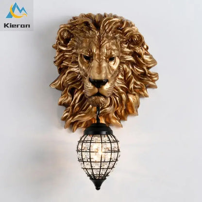 Golden lion head king crystal wall lamp with black metal cage-style lampshade for bedroom living room decorbites king crystal wall