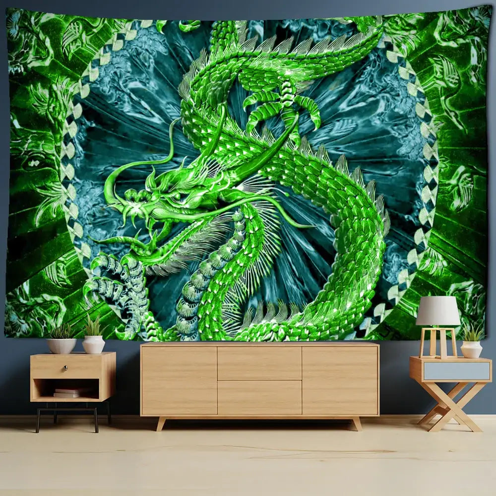 Vibrant green decorbites golden loong dragon totem tapestry with intricate scales for striking bedroom wall decor