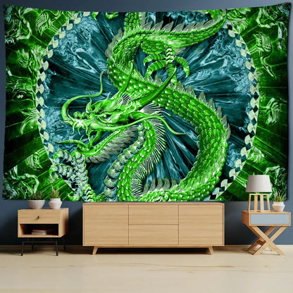Vibrant green decorbites golden loong dragon totem tapestry with intricate scales for striking bedroom wall decor