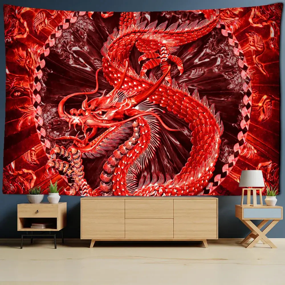 A vibrant red golden loong dragon totem tapestry with intricate scales and wings for bedroom wall decor by decorbites