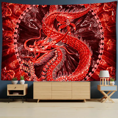 A vibrant red golden loong dragon totem tapestry with intricate scales and wings for bedroom wall decor by decorbites