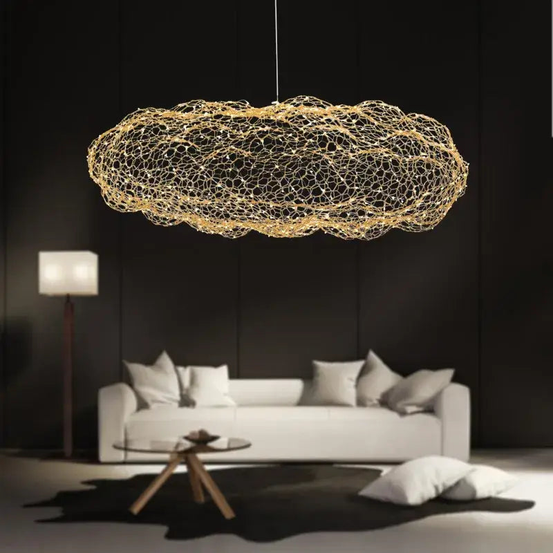 Golden mesh cloud pendant light made of wire mesh by decorbites nordic designer pendant for warm bedroom decor
