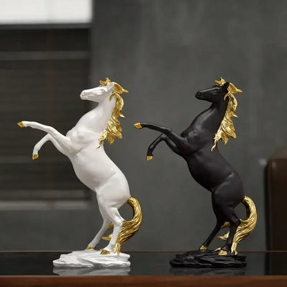 White and black horse resin sculpture with golden manes tails and hooves for living room decor by decorbites horse resin