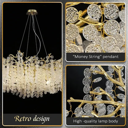 Golden money tree crystal chandelier with gold-toned retro design and cascading circular crystal pendants for living room