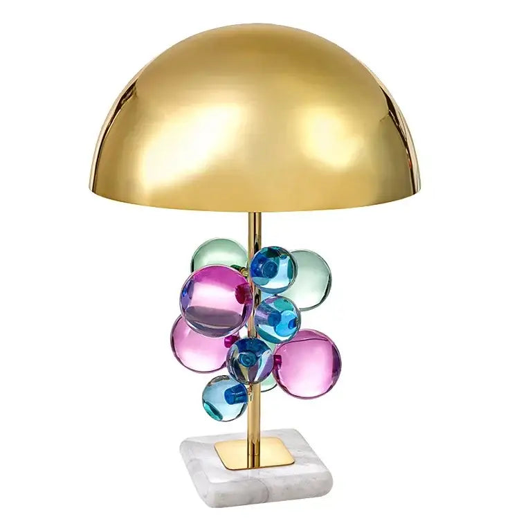 Golden mushroom crystal ball table lamp with gold dome and colorful glass orbs on marble base for decorbites golden mushroom decor