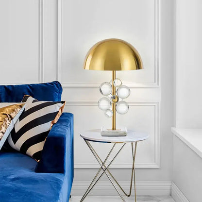 Golden mushroom crystal table lamp with gold dome, clear glass spheres, and marble base for bedroom decorbites decor