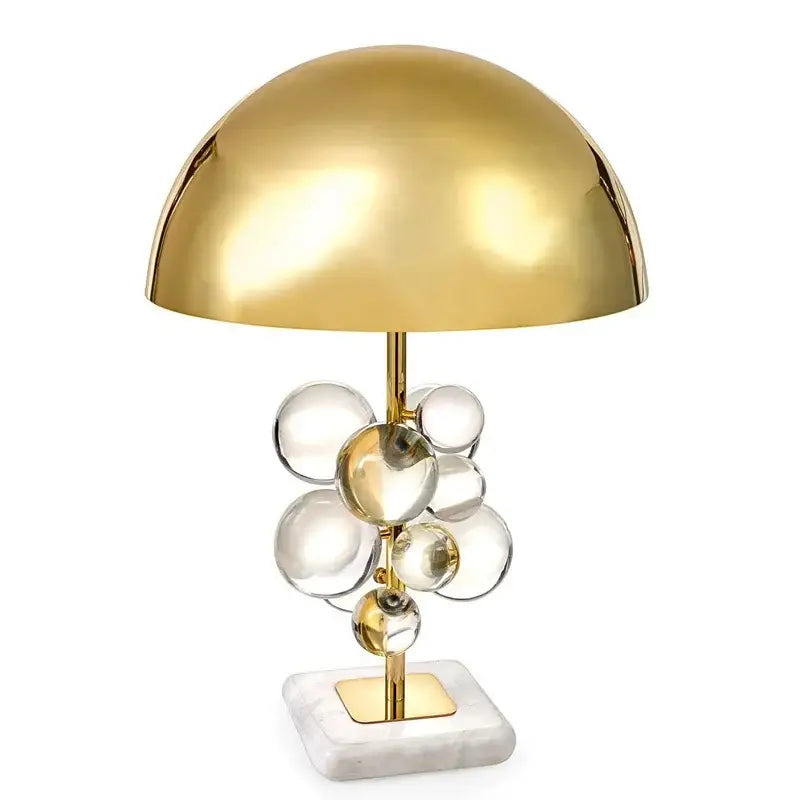 Golden mushroom crystal table lamp with gold dome, clear glass spheres, and marble base for bedroom decorbites decor