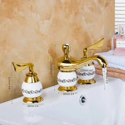 Golden plated bathroom faucet set with white ceramic handles and black ornate patterns by decorbites golden plated
