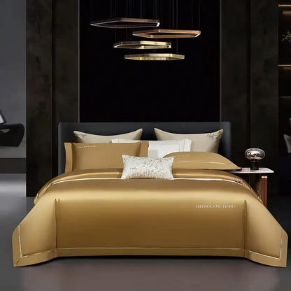 Golden satin egyptian cotton bedding set with subtle embroidery and matching pillowcases from decorbites 1000tc egyptian