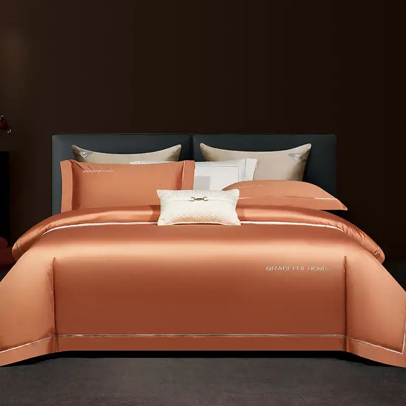 Copper satin duvet cover set with matching pillowcases and decorative pillow in egyptian cotton decorbites 1000tc bedding set