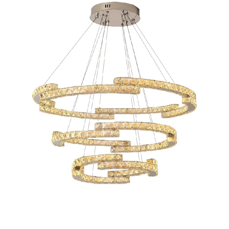 Golden spiral circular crystal pendant light featuring crystal-encrusted rings and metallic ceiling mount by decorbites