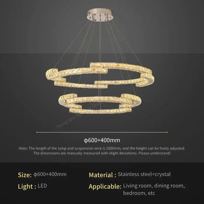 Gold-toned gold spiral circular crystal pendant light with double-ring chandelier and stainless steel frame for living room decorbites circular crystal pendant