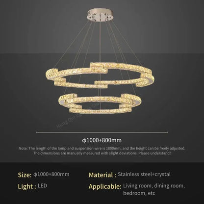 Gold-toned double-ring led circular crystal pendant light with stainless steel frame for living room decorbites circular crystal