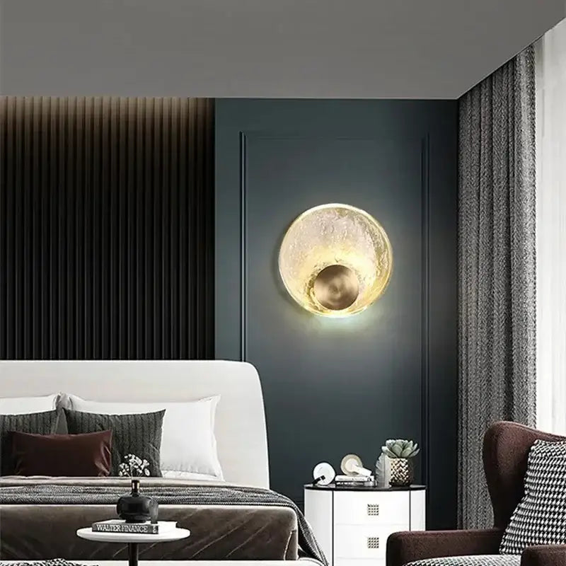 Golden textured elegance crystal wall lamp with circular design ideal as a wall lamp for bedroom or living room decor