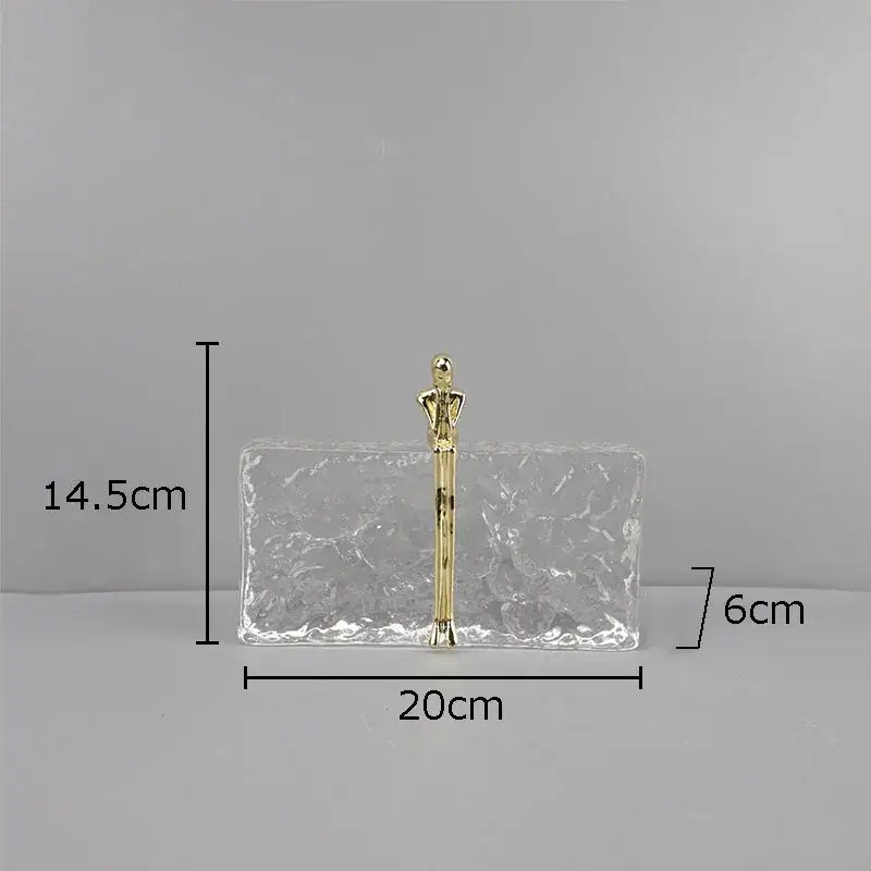 Clear textured rectangular clutch with gold-toned figurine handle for decorbites golden thinker ice crystal decor
