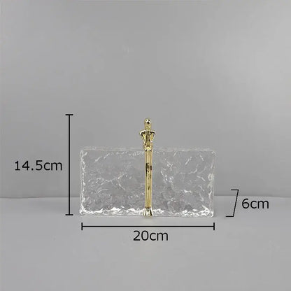 Clear textured rectangular clutch with gold-toned figurine handle for decorbites golden thinker ice crystal decor