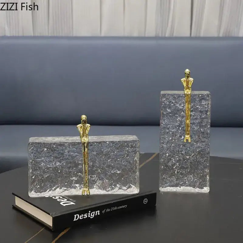 Golden thinker ice crystal sculpture featuring gold-colored slender figurine on textured glass base for decorbites decorbites golden thinker