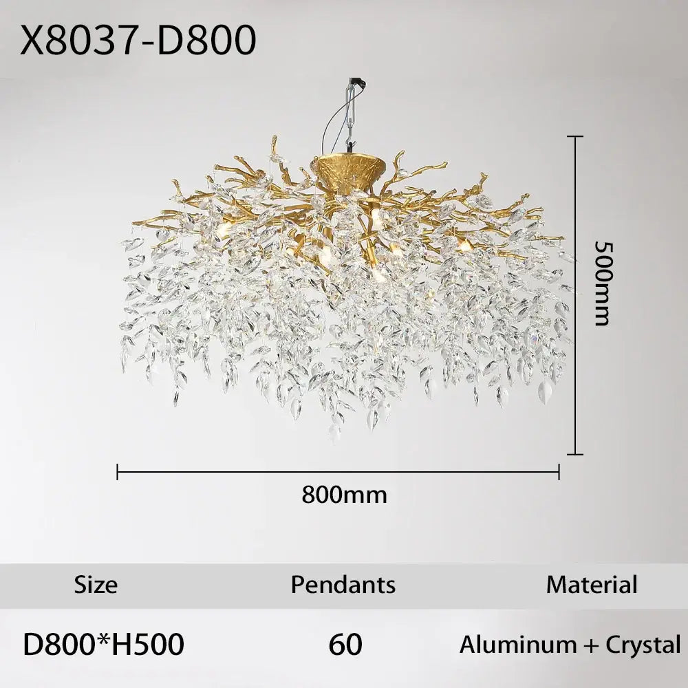 Gold-toned aluminum golden tree branch crystal led ceiling chandelier with cascading clear crystals for dining room decorbites branch crystal