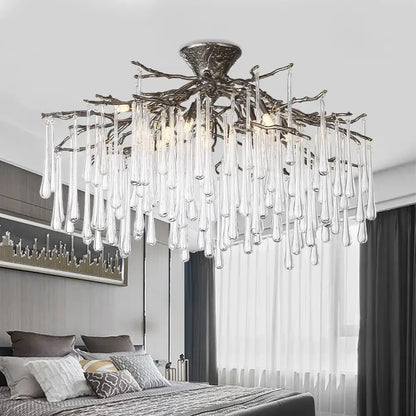 Elegant black metal golden tree branch crystal led ceiling chandelier with cascading clear glass teardrop pendants
