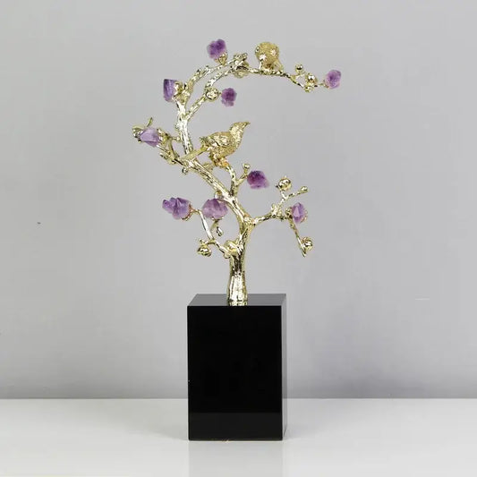 Golden tree brass amethyst crystal flower sculpture with purple gemstones and birds on black acrylic base for decor