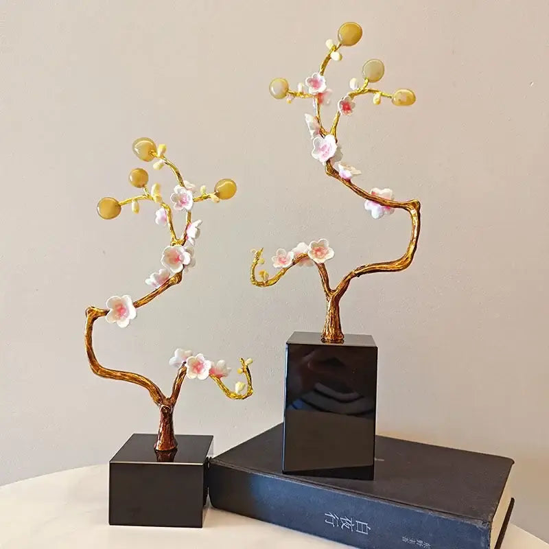 Golden tree metal decor figurine with pink and white flowers and yellow beads on black square base for living room