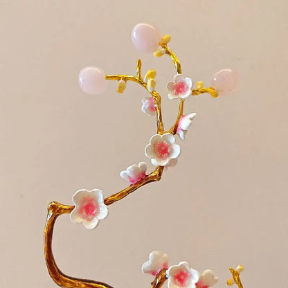 Golden tree metal decor figurine with gold-toned branch, pink and white ceramic blossoms, and rose quartz beads