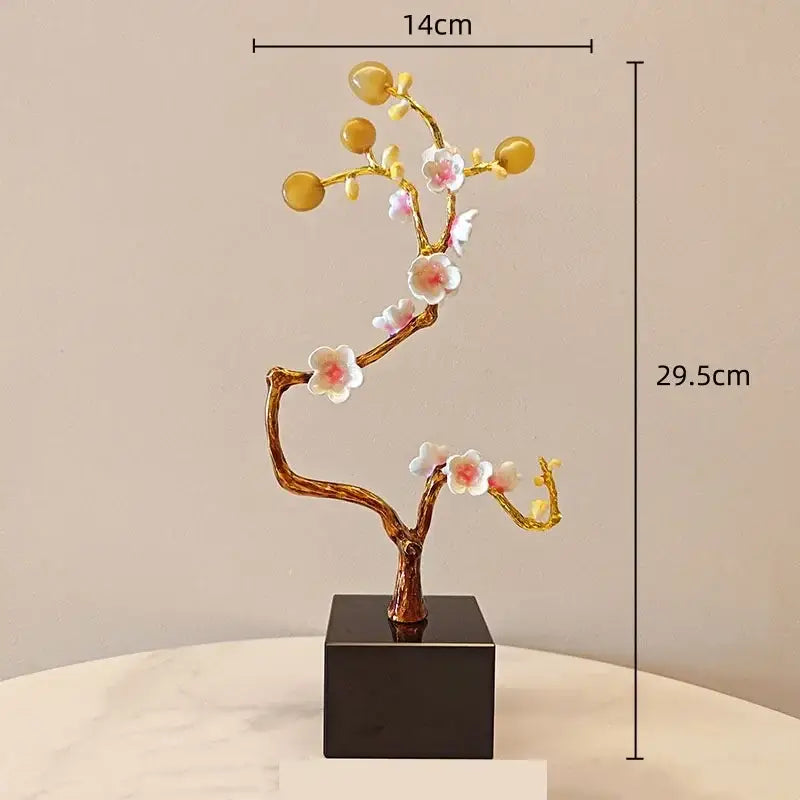 Golden tree metal decor figurine with pink white blossoms and amber orbs on black base for living room decor