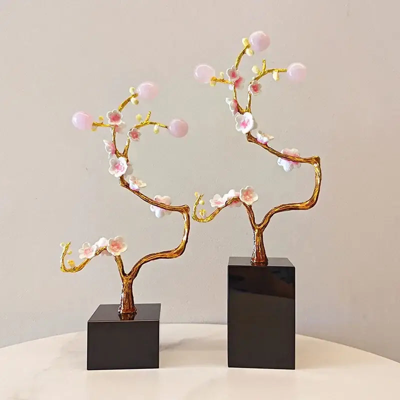 Golden tree pink and white metal decor figurine with cherry blossom flowers mounted on black square bases for living room