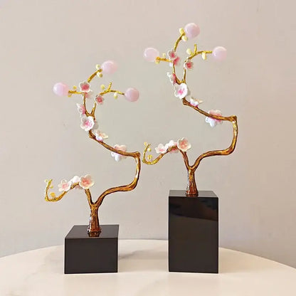 Golden tree pink and white metal decor figurine with cherry blossom flowers mounted on black square bases for living room