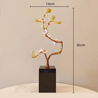 Golden tree metal decor figurine featuring pink and white ornamental cherry blossoms on black rectangular base