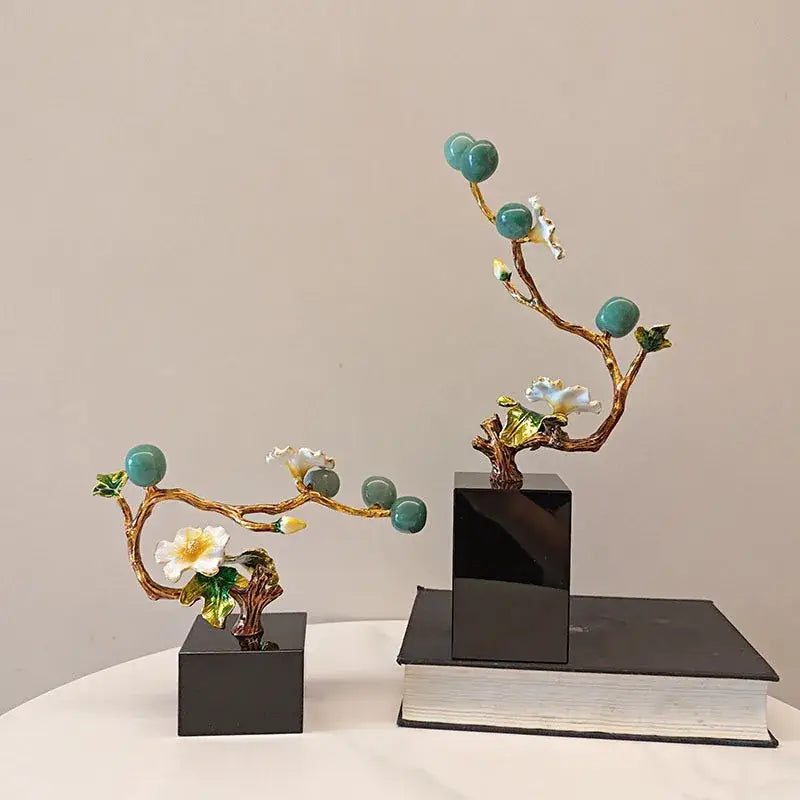 Elegant golden tree plum blossom porcelain sculpture with turquoise jade spheres and white blossoms on black bases