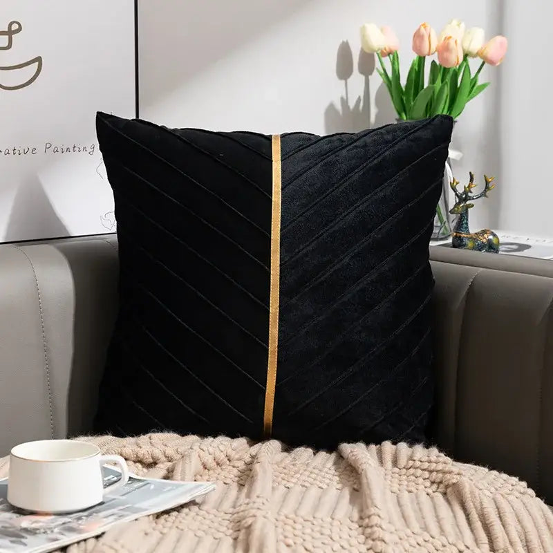 Black velvet cushion cover with a gold vertical stripe from decorbites golden velvet patchwork set for living room decor
