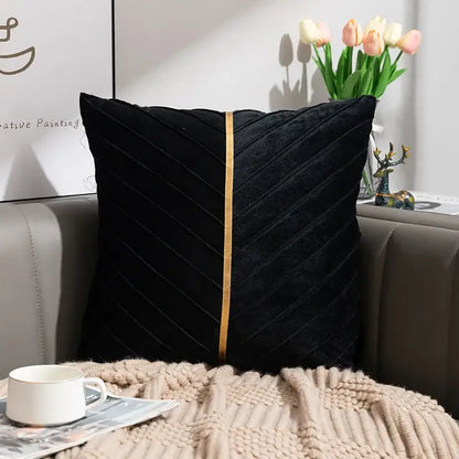 Black velvet cushion cover with a gold vertical stripe from decorbites golden velvet patchwork set for living room decor